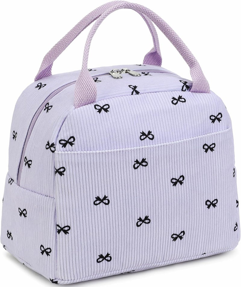 LEDAOU Lunch Box for Women Insulated Lunch Bag Corduroy Lunch Tote Bags Leakproof Cooler Lunch Case for Travel Work Picnic (Purple bow pattern) - Image 1